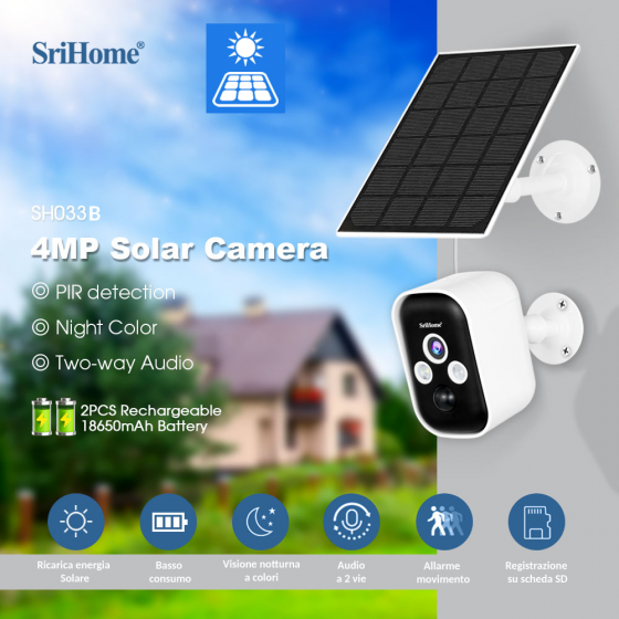 SriHome SH033B Telecamera Wi-Fi Batteria Senza Fili,Visione Notturna a Colori, Rilevamento  Persona,IP65,Audio,Pannello Solare