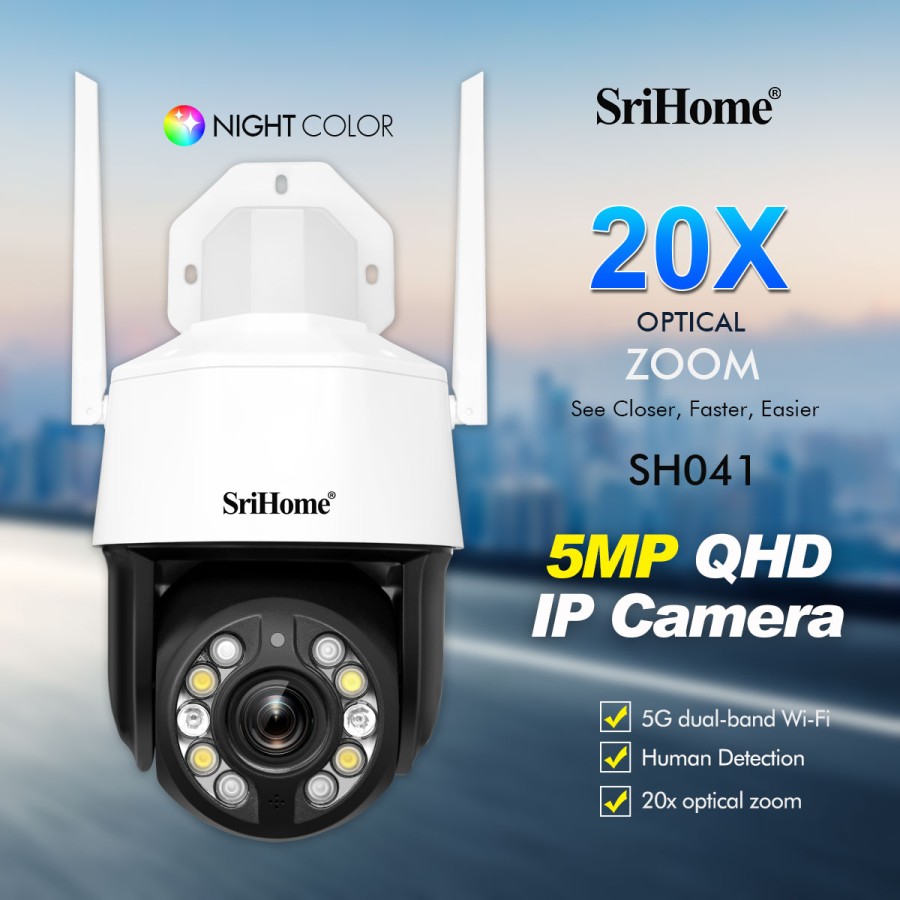 "High-Quality SriHome 5MP Speed Dome Camera: 20x Zoom, Two-Way Audio, Starlight, SD Card, WIFI for Easy Monitoring and Security"