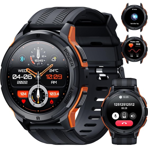 OUKITEL BT10 Smartwatch Uomo Bluetooth, 1,43 AMOLED Display,Batteria 410mAh,Impermeabile 5 ATM Cardio frequenzimetro Android iOS