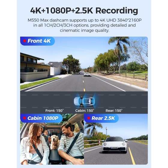 AZDOME M550 MAX 4K 3-Channel Dash Cam, 4K+1080P+2.5K Car Camera, WiFi GPS, 3.19" IPS Car Dash Cam with 64G SD Card