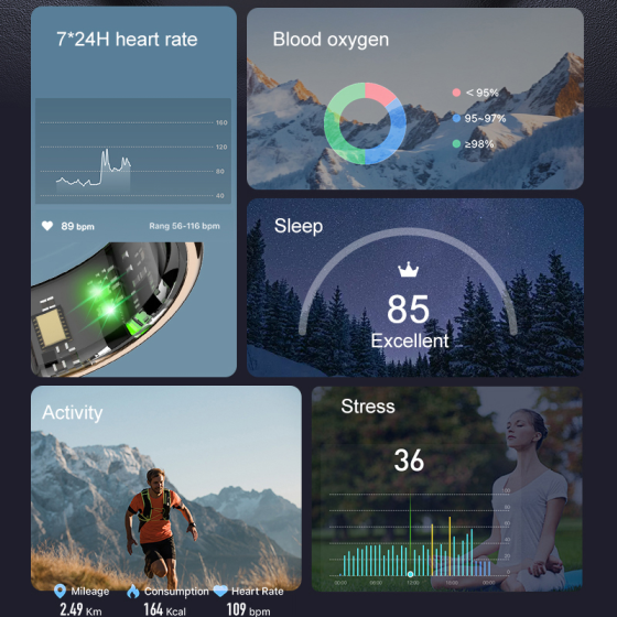 OBA R15: Anello Smart con display, fitness, 5 ATM, ricarica wireless. Monitora cuore, ossigeno, sonno. iOS/Android.