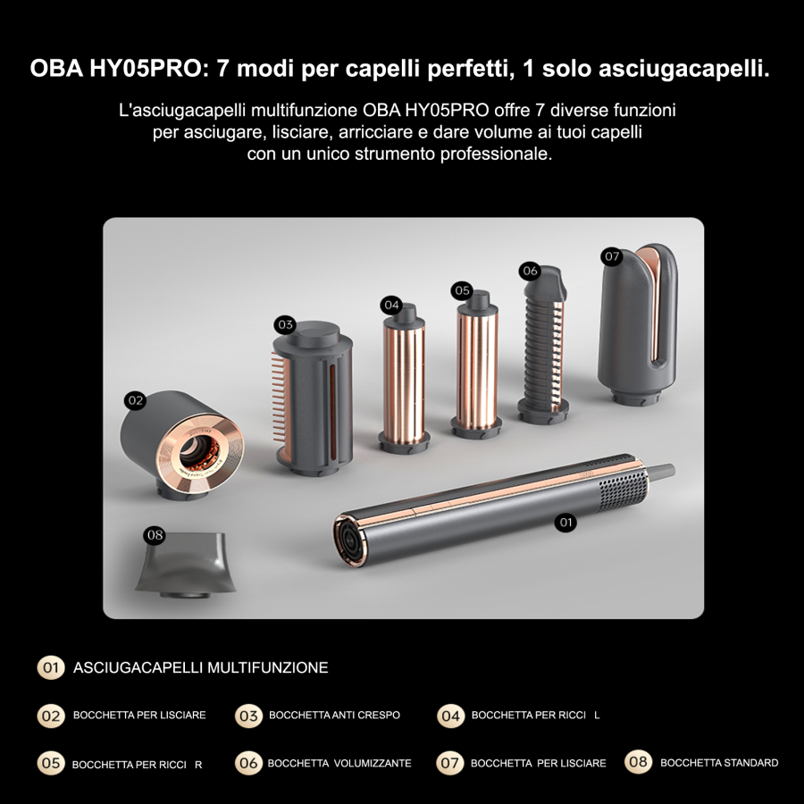 Asciugacapelli & Air Styler 7 in 1 ad alta velocità [110000 RPM],Spazzola ad aria capelli ricci, volumizzante, lisciante,ioni