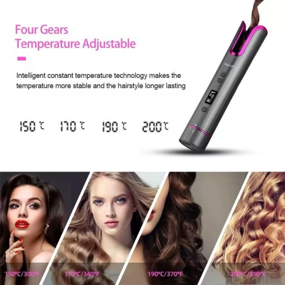 Automatic Hair Curler, Cordless USB Rechargeable, LCD Display, Temperature (150℃-200℃), 8-18s Timer, Portable Anti-scald