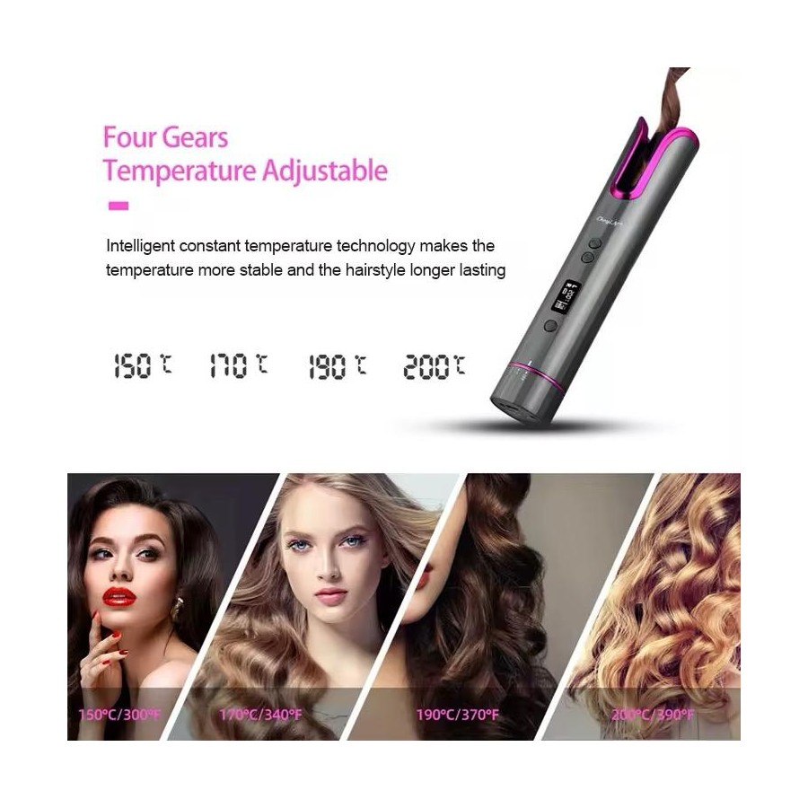 Automatic Hair Curler, Cordless USB Rechargeable, LCD Display, Temperature (150℃-200℃), 8-18s Timer, Portable Anti-scald