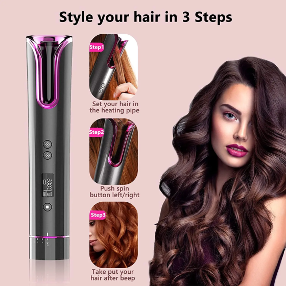 Automatic Hair Curler, Cordless USB Rechargeable, LCD Display, Temperature (150℃-200℃), 8-18s Timer, Portable Anti-scald