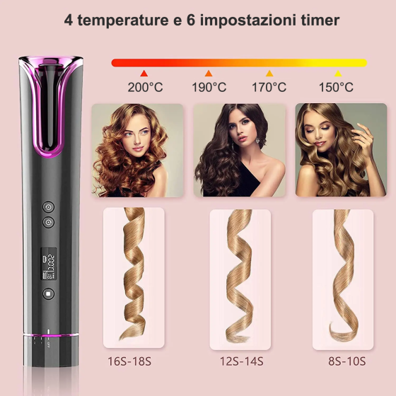 Automatic Hair Curler, Cordless USB Rechargeable, LCD Display, Temperature (150℃-200℃), 8-18s Timer, Portable Anti-scald