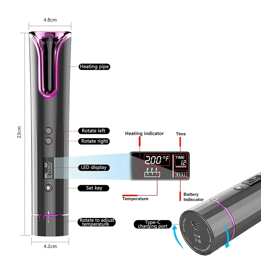 Automatic Hair Curler, Cordless USB Rechargeable, LCD Display, Temperature (150℃-200℃), 8-18s Timer, Portable Anti-scald