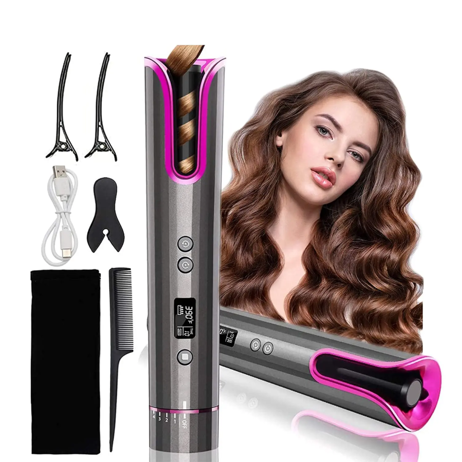 Automatic Hair Curler, Cordless USB Rechargeable, LCD Display, Temperature (150℃-200℃), 8-18s Timer, Portable Anti-scald