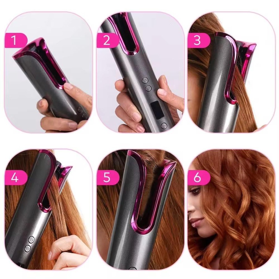 Automatic Hair Curler, Cordless USB Rechargeable, LCD Display, Temperature (150℃-200℃), 8-18s Timer, Portable Anti-scald