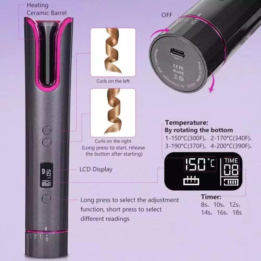 Automatic Hair Curler, Cordless USB Rechargeable, LCD Display, Temperature (150℃-200℃), 8-18s Timer, Portable Anti-scald