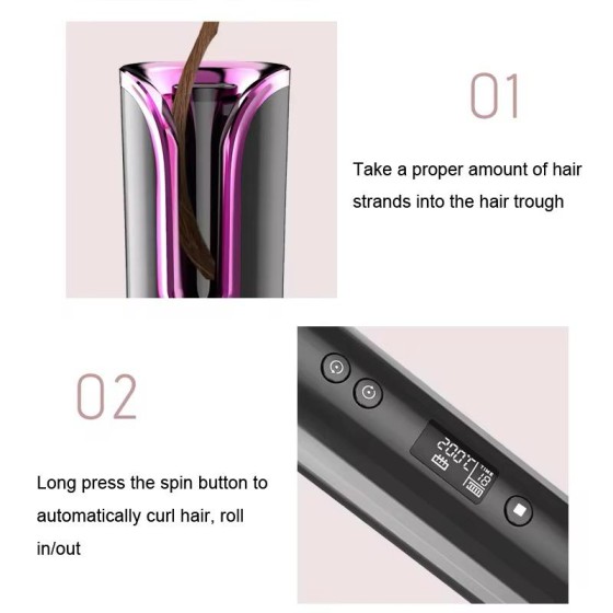 Automatic Hair Curler, Cordless USB Rechargeable, LCD Display, Temperature (150℃-200℃), 8-18s Timer, Portable Anti-scald