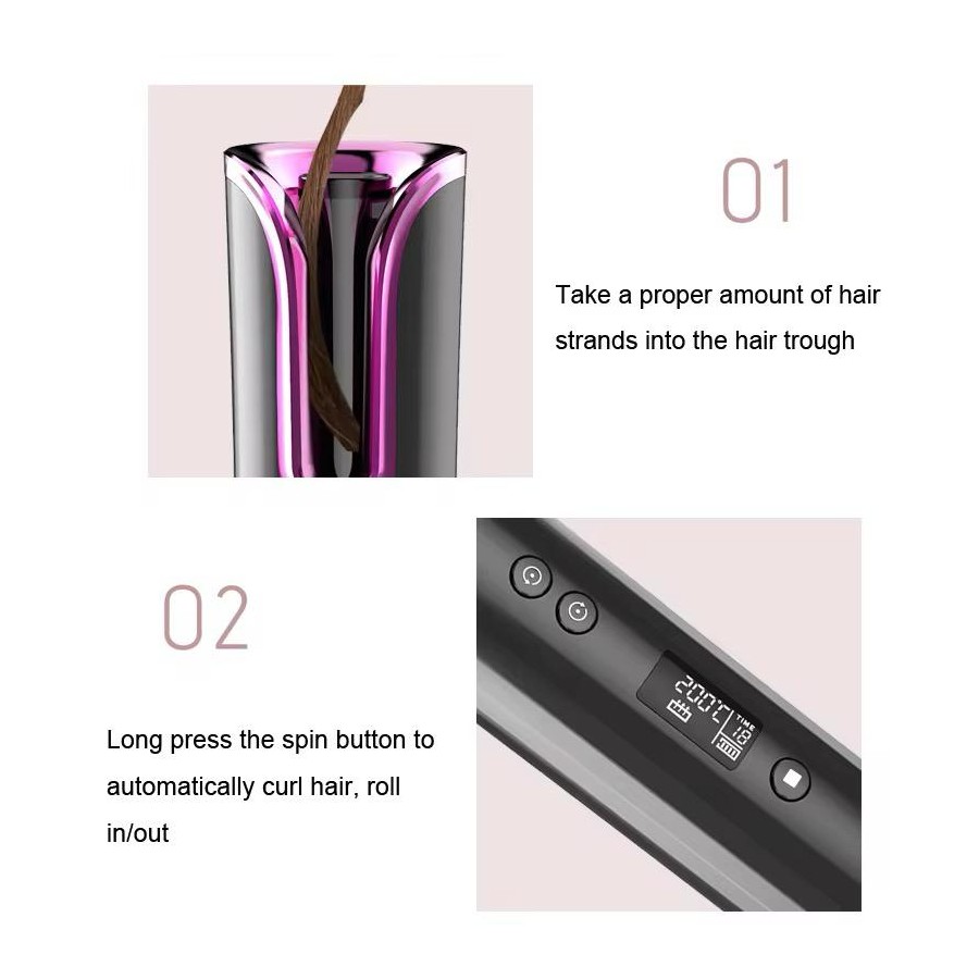 Automatic Hair Curler, Cordless USB Rechargeable, LCD Display, Temperature (150℃-200℃), 8-18s Timer, Portable Anti-scald