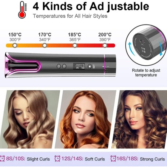 Automatic Hair Curler, Cordless USB Rechargeable, LCD Display, Temperature (150℃-200℃), 8-18s Timer, Portable Anti-scald