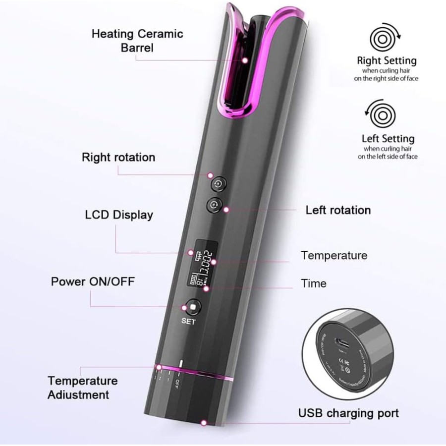 Automatic Hair Curler, Cordless USB Rechargeable, LCD Display, Temperature (150℃-200℃), 8-18s Timer, Portable Anti-scald