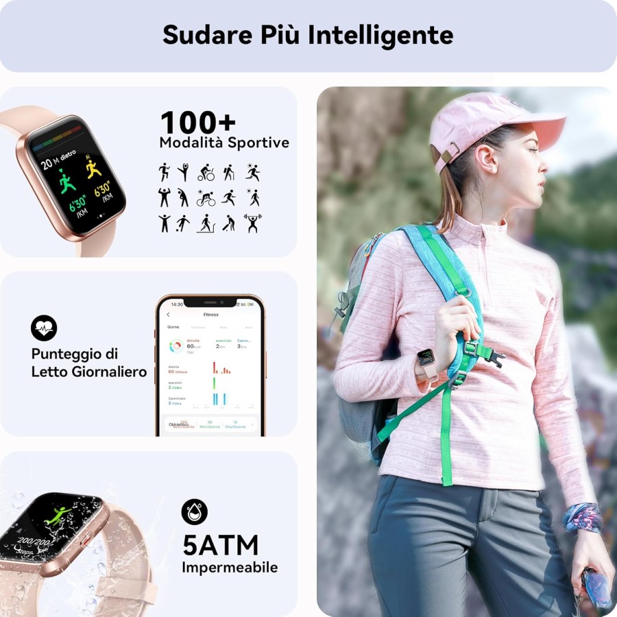 ENOMIR Smartwatch Donna con Chiamate, 1,8" Orologio Smartwatch Cardiofrequenzimetro, SpO2, Sonno, Contapassi, Alexa , Fitness