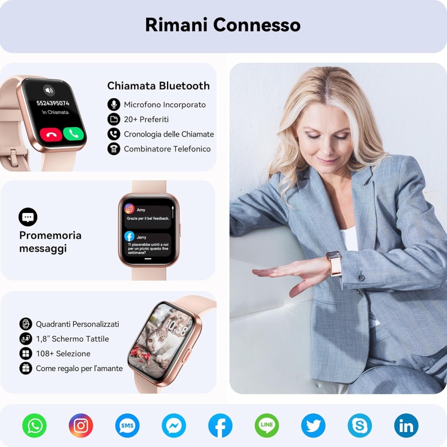 ENOMIR Smartwatch Donna con Chiamate, 1,8" Orologio Smartwatch Cardiofrequenzimetro, SpO2, Sonno, Contapassi, Alexa , Fitness