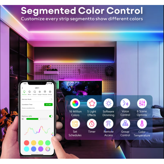 OB2201 10m Smart Wi-Fi LED Strip, RGB, 16 Million Colors, Compatible with Alexa, Google Home, HomeKit