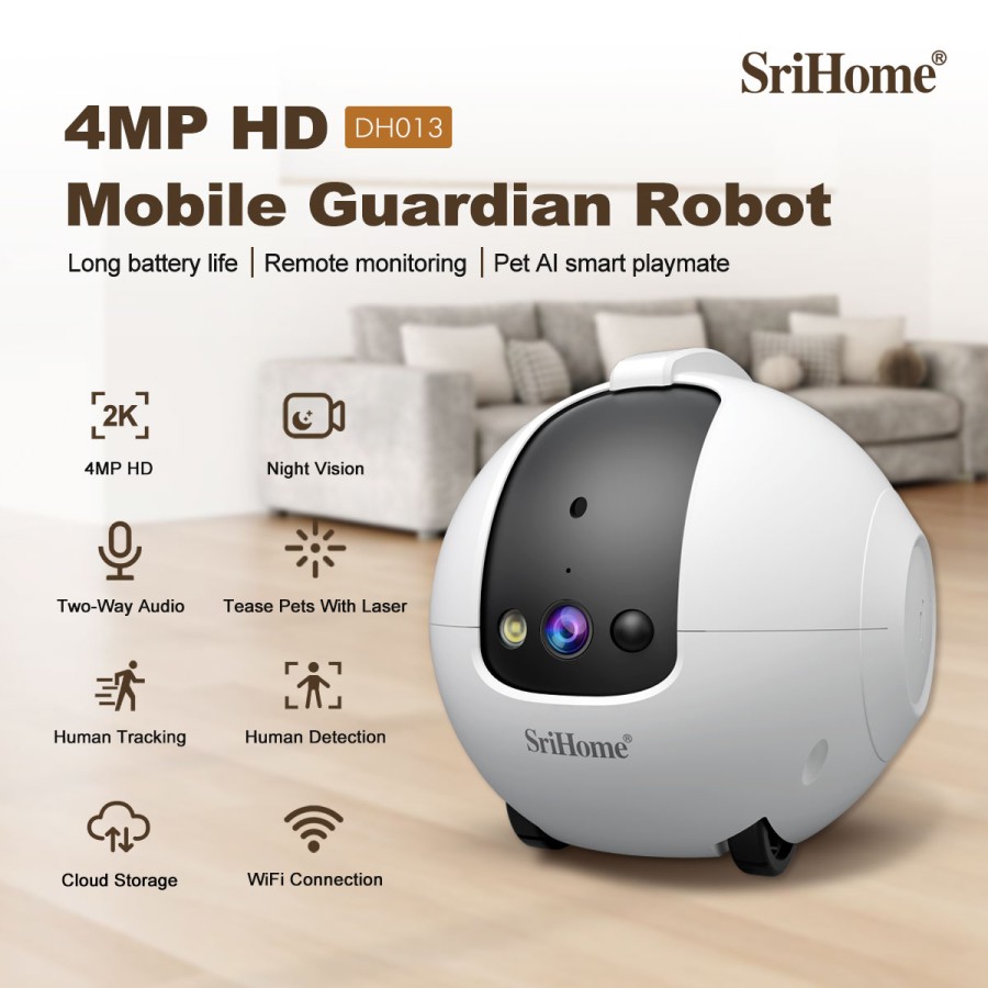 Robot telecamera AI 360 gradi per Animali Domestici: Antiribaltamento 4MP QHD, Batteria 10000mAh DH013 Registrazione su MicroSd