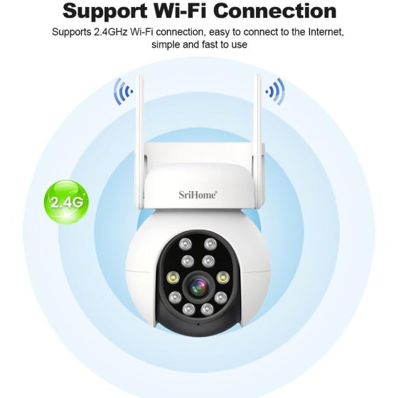 SriHome SH052 Telecamera di Sorveglianza PTZ 5MP HD, Visione Notturna a Colori, Rilevamento Umano, Audio, IP65, Wi-Fi
