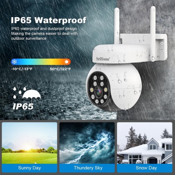 SriHome SH052 Telecamera di Sorveglianza PTZ 5MP HD, Visione Notturna a Colori, Rilevamento Umano, Audio, IP65, Wi-Fi
