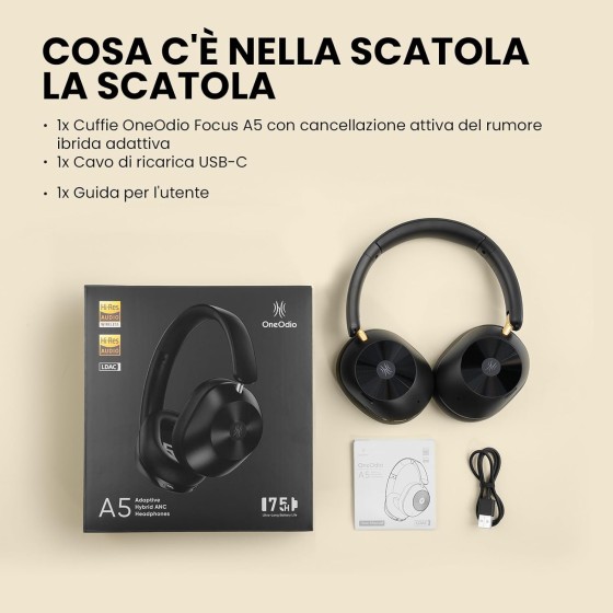 OneOdio A5 Cuffie Bluetooth Con Cancellazione Rumore Attiva Adattiva fino al 98%,LDAC Hi-Res Wireless 75 Ore ANC Ibrida Nero