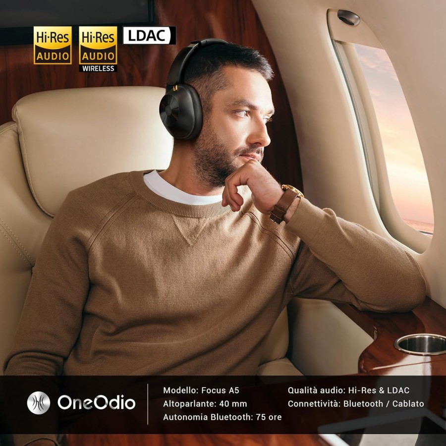 OneOdio A5 Cuffie Bluetooth Con Cancellazione Rumore Attiva Adattiva fino al 98%,LDAC Hi-Res Wireless 75 Ore ANC Ibrida Nero