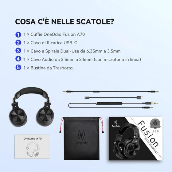 OneOdio A70 Cuffie Bluetooth Over Ear Hi-Fi con Microfono, 72 Ore, Jack 3,5/6,35 mm, Wireless e Cavo