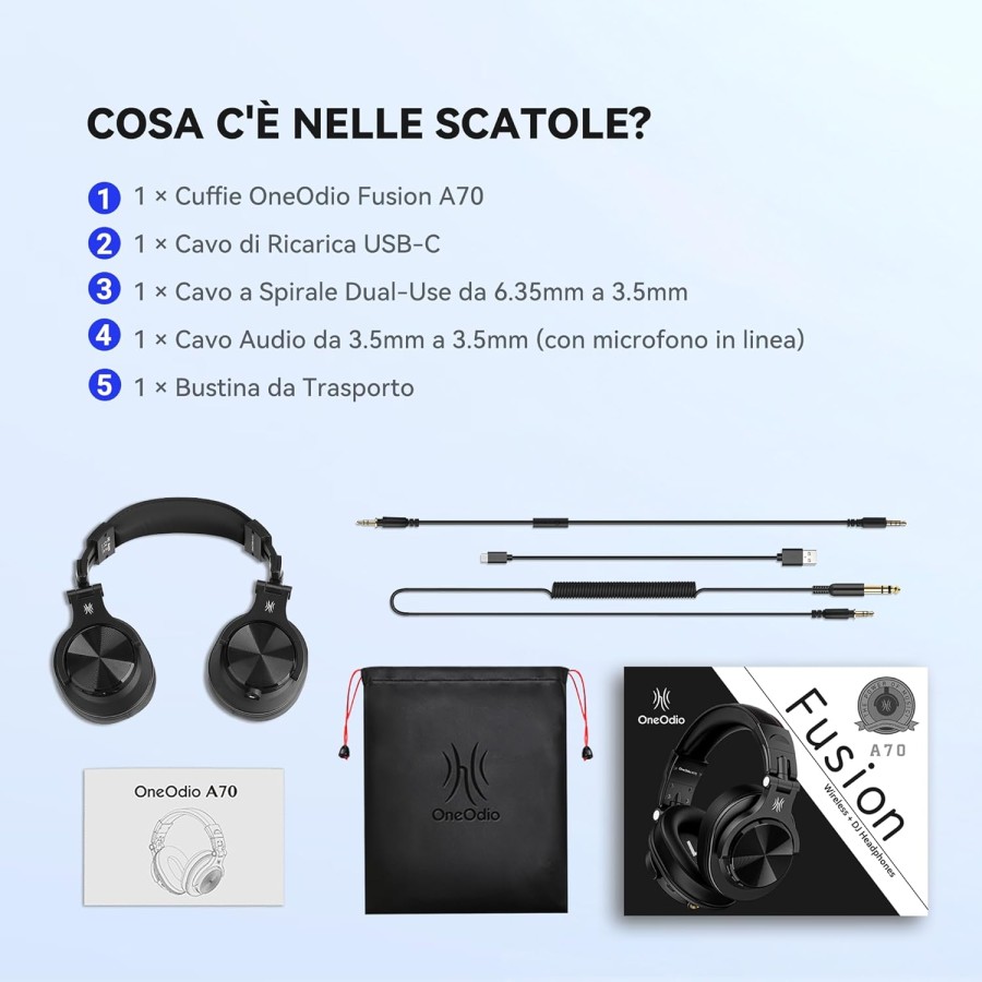 OneOdio A70 Cuffie Bluetooth Over Ear Hi-Fi con Microfono, 72 Ore, Jack 3,5/6,35 mm, Wireless e Cavo