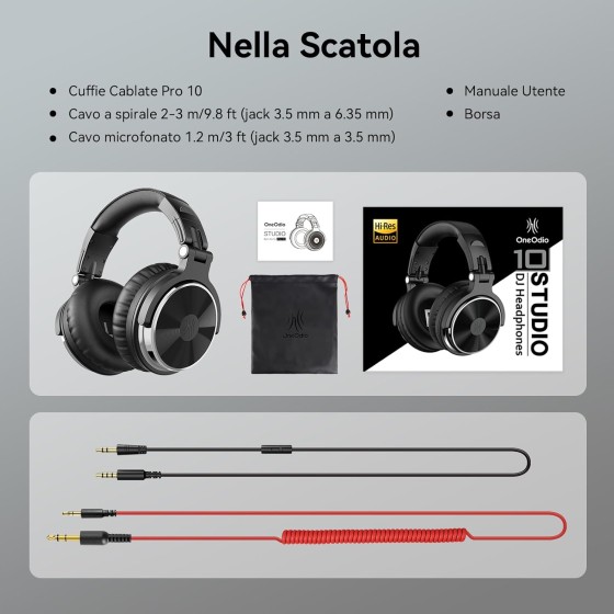OneOdio Pro 10 Cuffie Over Ear Professionali con Microfono, Jack 3,5/6,35 mm, SharePort, DJ, Studio, PC, Chitarra e Podcast