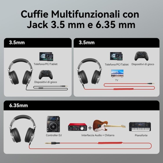 OneOdio Pro 10 Cuffie Over Ear Professionali con Microfono, Jack 3,5/6,35 mm, SharePort, DJ, Studio, PC, Chitarra e Podcast