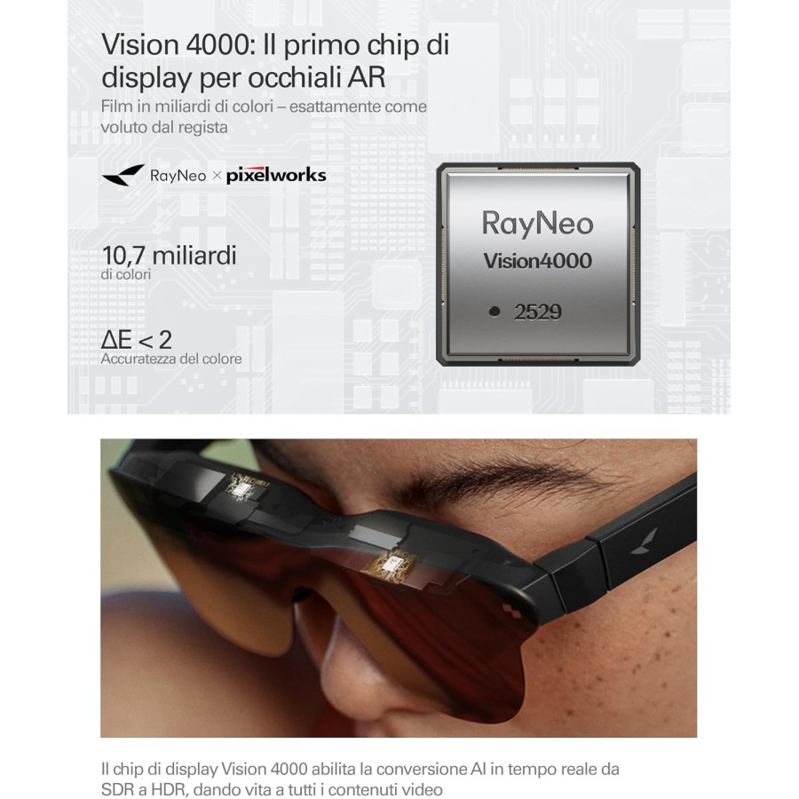 RayNeo Air 4 PRO Occhiali AR/XR con HDR10, Vision 4000, Cinema Virtuale 201", Audio B&O, 3D per Film, Gaming e iPhone/Android