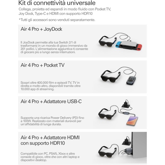 RayNeo Air 4 PRO Occhiali AR/XR con HDR10, Vision 4000, Cinema Virtuale 201", Audio B&O, 3D per Film, Gaming e iPhone/Android