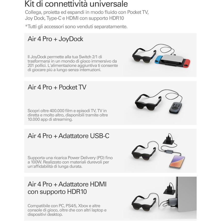 RayNeo Air 4 PRO Occhiali AR/XR con HDR10, Vision 4000, Cinema Virtuale 201", Audio B&O, 3D per Film, Gaming e iPhone/Android