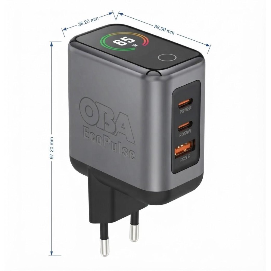 OBA EcoPulse 65W: Il Caricabatterie Rapido GaN Multi-Porta ad Alta Efficienza Con display
