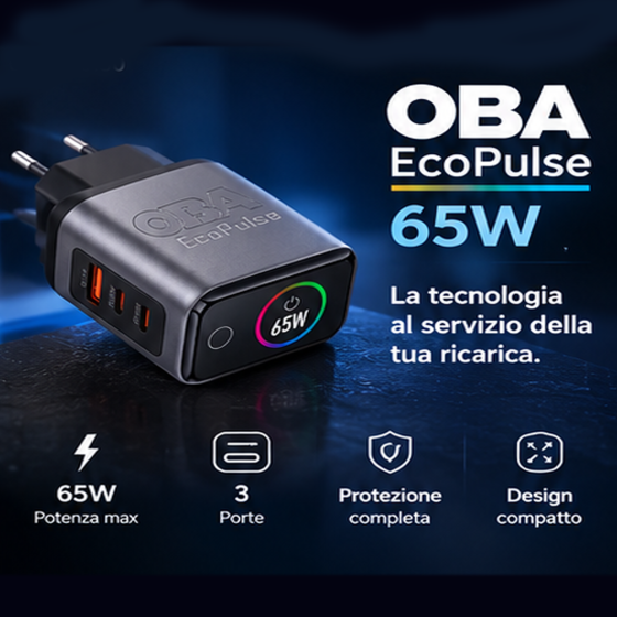 OBA EcoPulse 65W: Il Caricabatterie Rapido GaN Multi-Porta ad Alta Efficienza Con display
