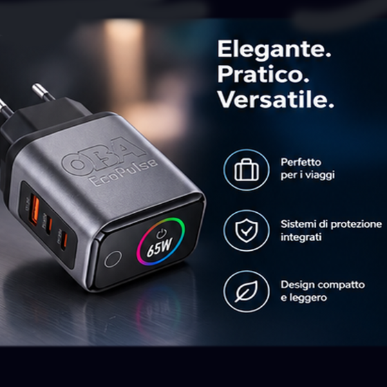 OBA EcoPulse 65W: Il Caricabatterie Rapido GaN Multi-Porta ad Alta Efficienza Con display