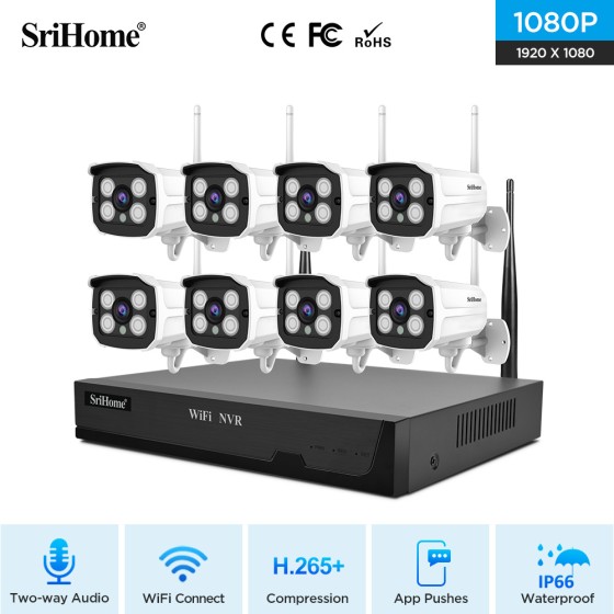 Kit wifi SriHome NVS001-8CH: video sorveglianza con audio e 4 canali in H265 a 2 Megapixel.