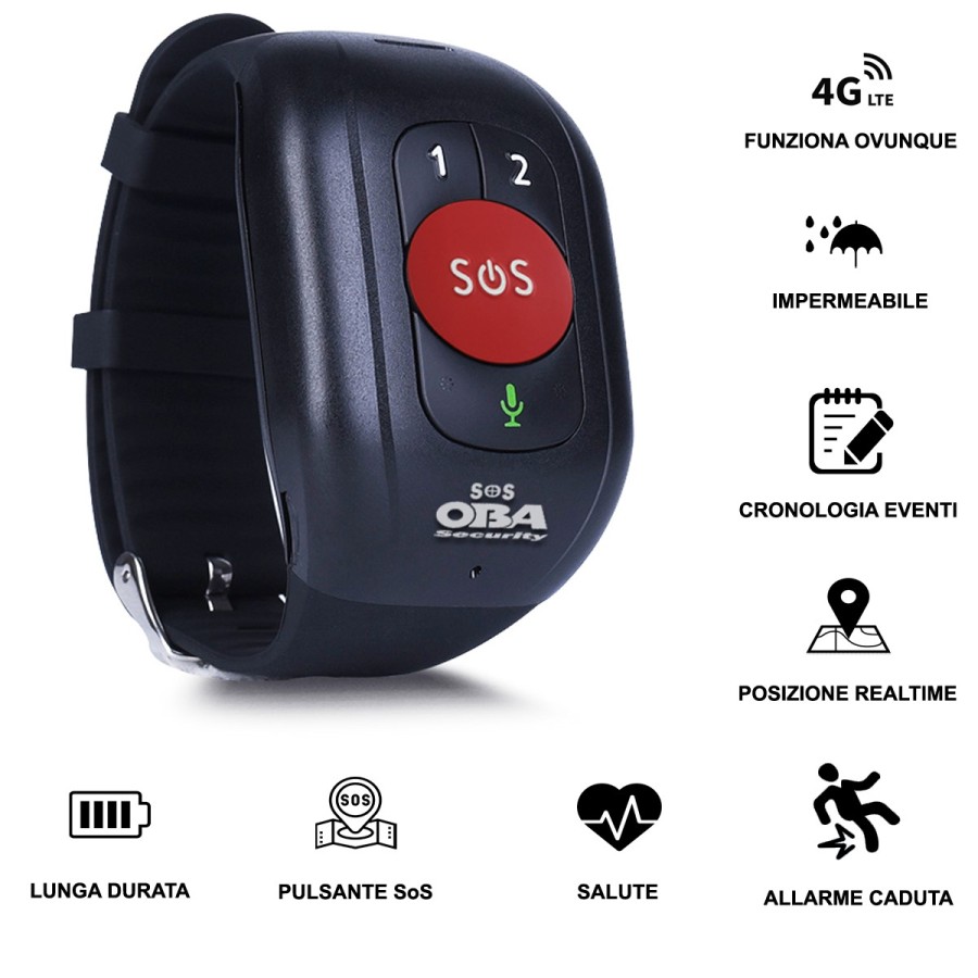 OBA-VS50 Bracciale anziani SoS: cardio, pressione, cadute, GPS e 4G wifi.  Waterproof e APP free