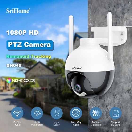 SH045 HD camera with audio, PTZ and night vision, MicroSD card support and AI technology for optimal security.