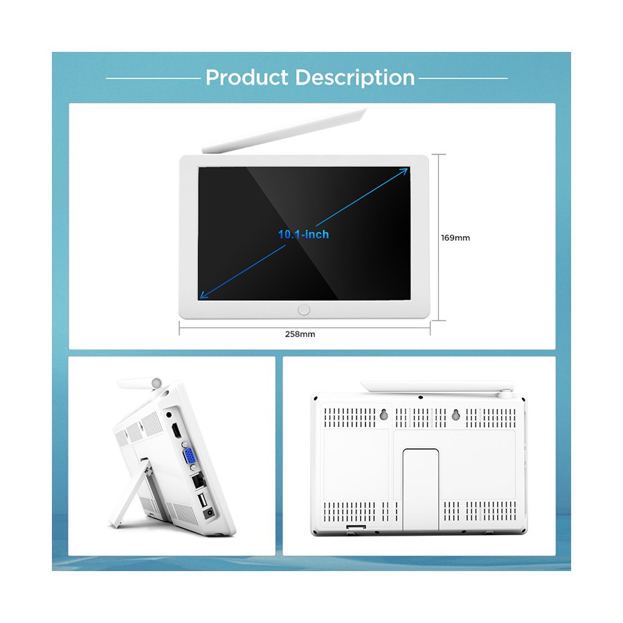 NVR NVS009 WiFi 10,1 pollici:fino a 8 telecamere, app SriHome, copertura WiFi 60 metri, uscita HDMI/VGA/MIPI, audio integrato