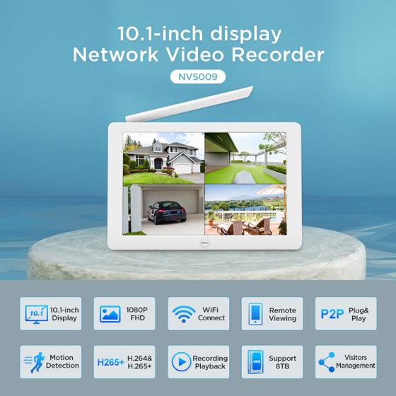NVR NVS009 WiFi 10.1 Inch: Up to 8 Cameras, SriHome App, HDD, 60m WiFi Coverage, HDMI/VGA/MIPI Output, Integrated Audio