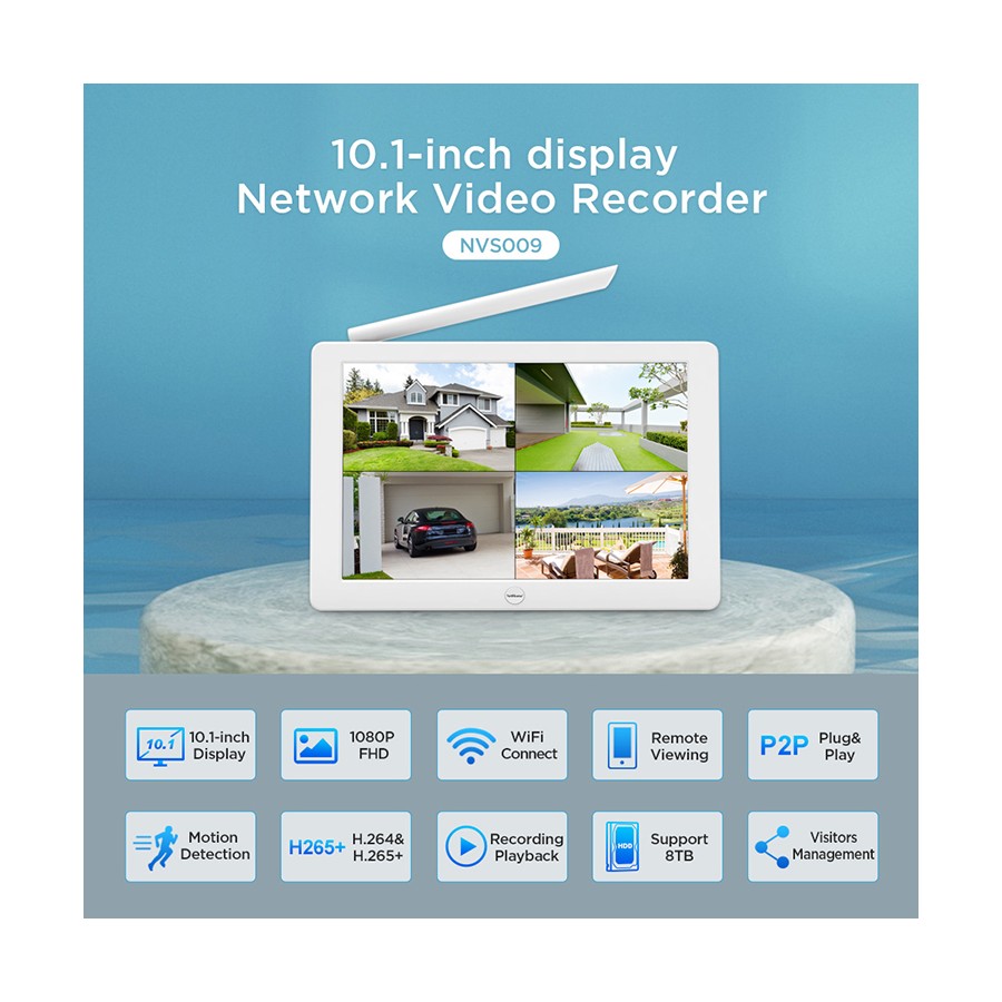 NVR NVS009 WiFi 10,1 pollici:fino a 8 telecamere, app SriHome, copertura WiFi 60 metri, uscita HDMI/VGA/MIPI, audio integrato