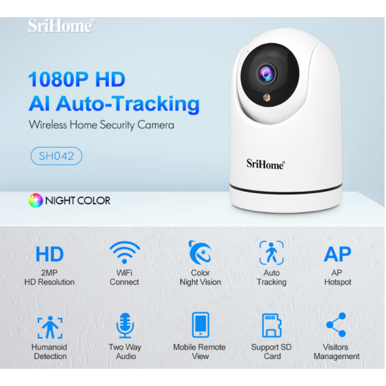 SH042 SriHome: telecamera wifi auto tracking, wireless, infrarossi, 2.0 MP, HD, IR Cut, P2P, supporto SD e audio.
