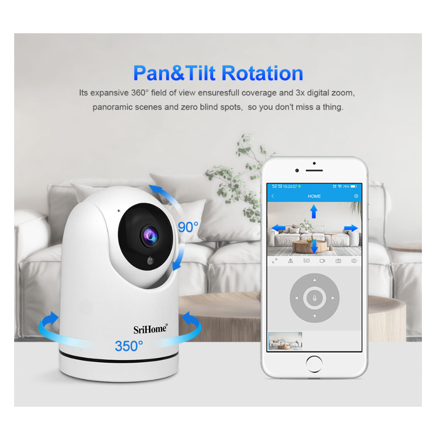 Telecamera wifi SriHome con auto tracking e supporto SD - la soluzione perfetta per la videosorveglianza di casa e ufficio.