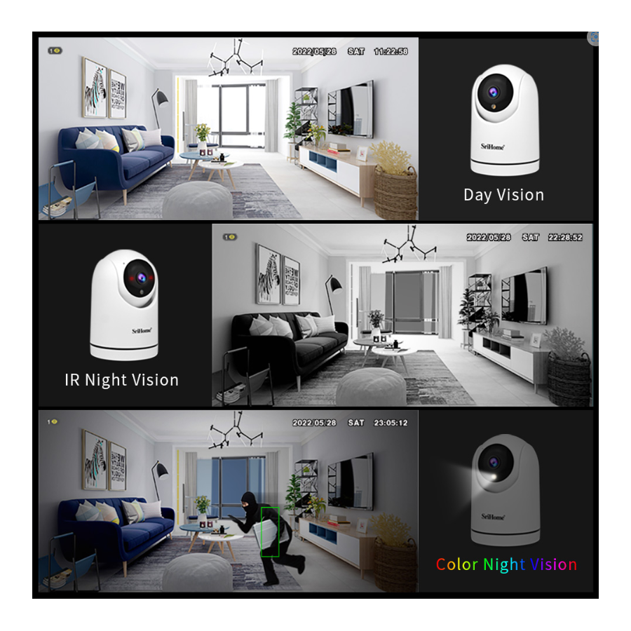 Telecamera wifi SriHome con auto tracking e supporto SD - la soluzione perfetta per la videosorveglianza di casa e ufficio.