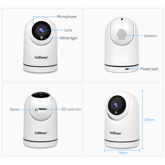 Telecamera wifi SriHome con auto tracking e supporto SD - la soluzione perfetta per la videosorveglianza di casa e ufficio.